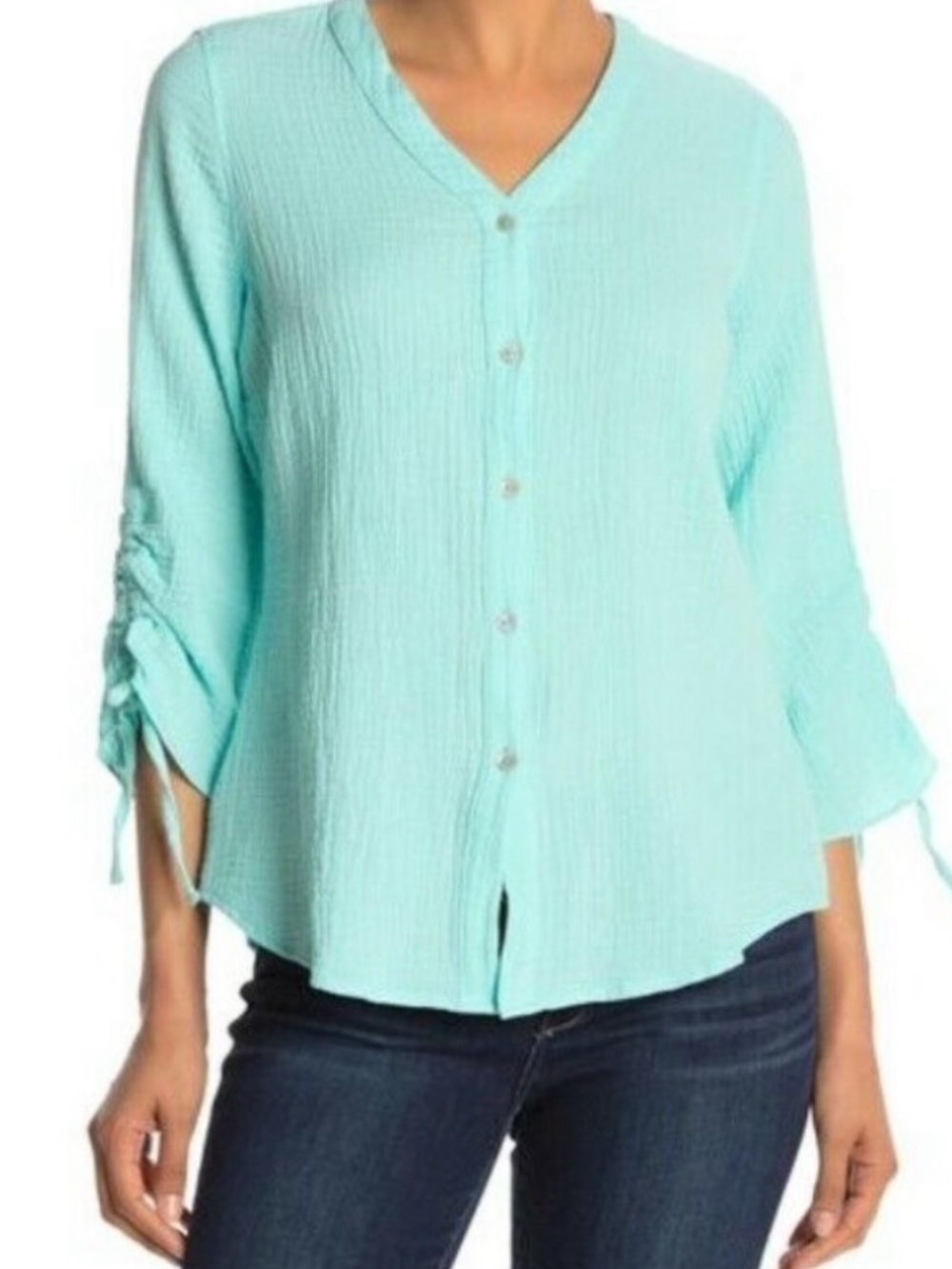 Foxcroft Sea Green Seafoam Cinch Sleeve Blouse coastal beach size L or XL